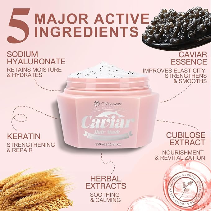Caviar Hair Mask, Enriched with Caviar Essence, Keratin, & Herbal Extracts for Ultimate Shine & Softness, Deep Conditioning Treatment for Dry or Damaged Hair, 11.8 fl oz，Sulfate-Free