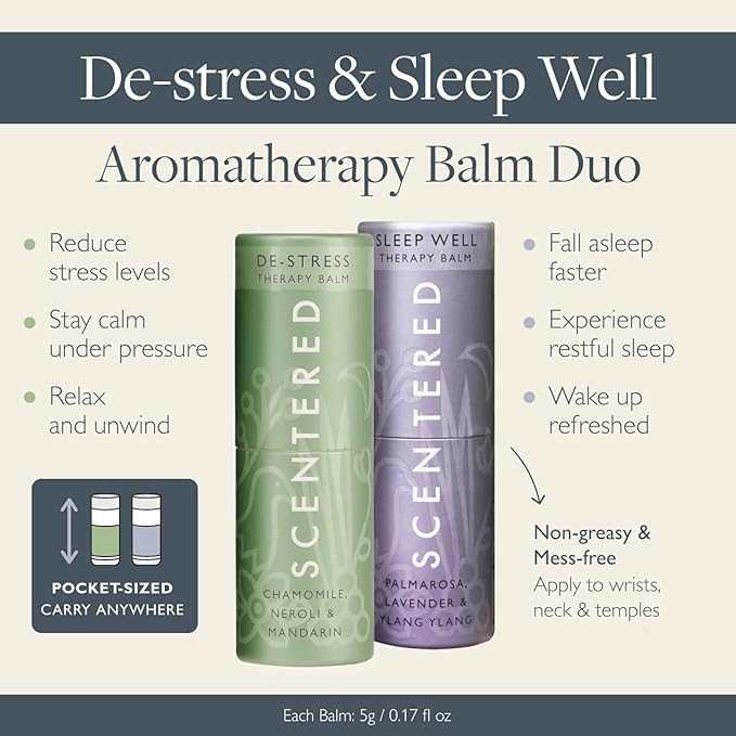 Scentered Aromatherapy Balm Stick Duo for Sleep & Stress-Relief - Roll On Essential Oil Blends of Lavender & Chamomile - Aromatherapy Gifts for Women - Sleep Well & De-Stress - Mothers Day Gift Ideas