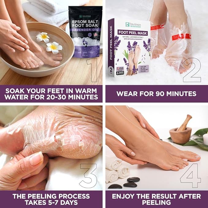 Lavinso Lavender Foot Exfoliator Peeling Mask for Dry Cracked Feet - 3 Pack - Remove Dead Skin and Callus - Foot Peel Mask for Baby Soft Feet