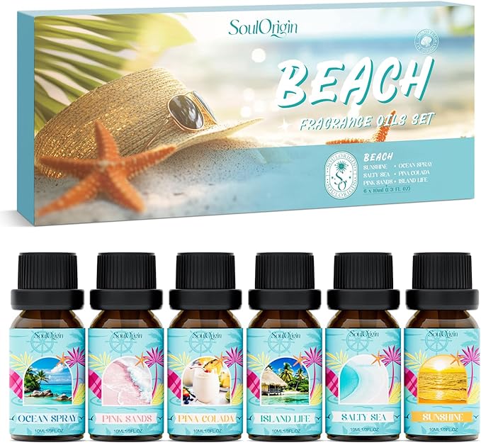Beach Fragrance Oils Set, Essential Oil Gift Set for Diffuser, Summer Scent Diffuser Oil, Diffuser Scents Oil for Home-Ocean Spray, Pink Sands, Salty Sea, Pina Colada, Island Life, Sunshine