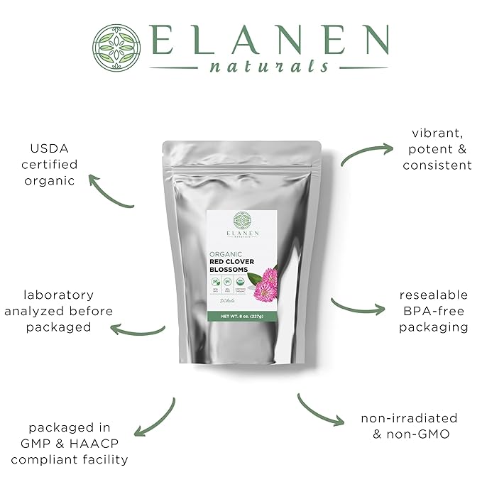 Organic Red Clover Blossoms 8 oz. (227g), USDA Certified Organic Red Clover Blossom Tea, Whole