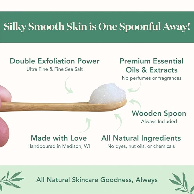 Bare Botanics Matcha Eucalyptus Body Scrub 24 oz - Naturally Scented Sea Salt Scrub Made in Madison, WI - Formulated w/Skin Loving Moisturizers - Vegan, Cruelty Free Exfoliator w/a Cute Wooden Spoon