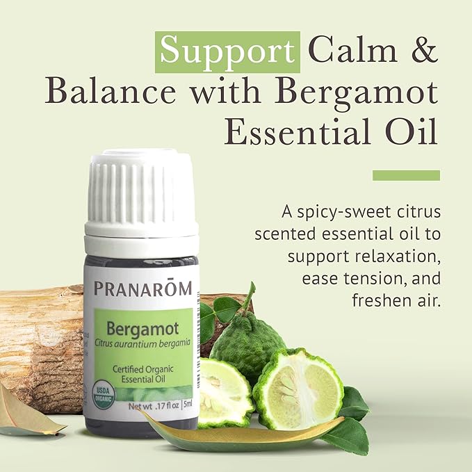 Pranarom USDA Certified Organic Bergamot Essential Oil (5ml), 100% Pure Undiluted Therapeutic Grade from Italy for Aromatherapy, Diffuser, Uplifting Scent, Immune Support, Relaxation, Sleep