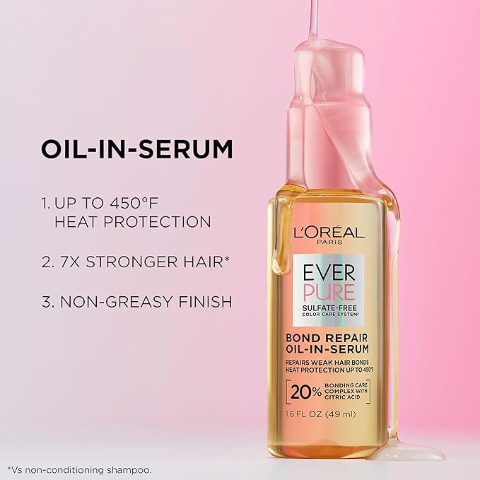 L'Oreal Paris Bond Repair Oil-in-Serum for Damaged, Color Treated Hair, Heat Protectant, Strengthens Weak Bonds, Intense Shine and Frizz Control, EverPure, 1.6 Fl Oz