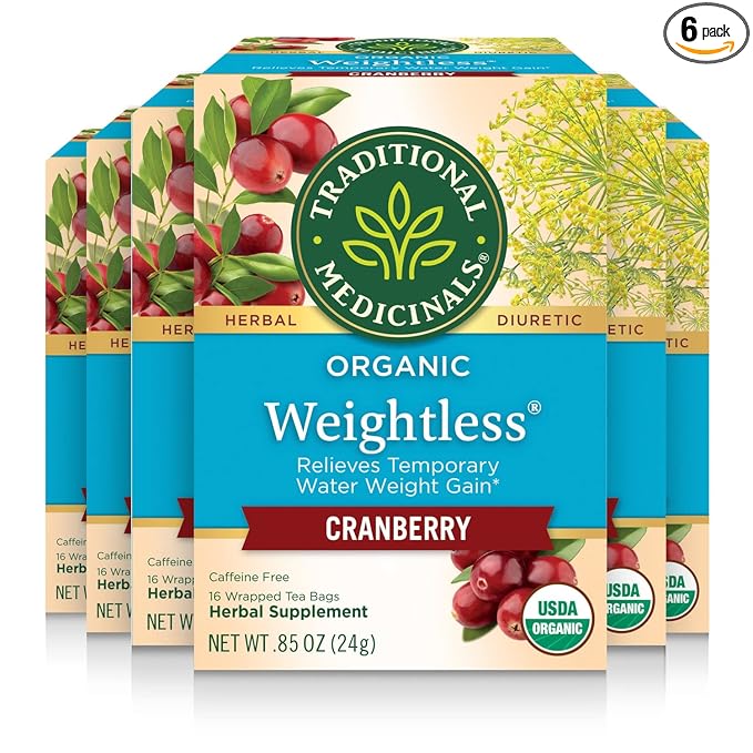 Traditional Medicinals Tea, Organic Weightless, Relieves Temporary Water Weight Gain, Cranberry, 96 Tea Bags (6 Pack)