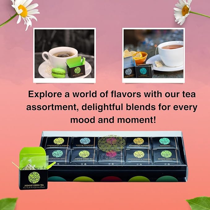 Ceremonie Tea Herbal Variety Pack - Kosher Set with Reusable Wooden Tray - Assorted Sampler With 10 Individually Wrapped Silky Mesh Bags - Single Serve Pouches