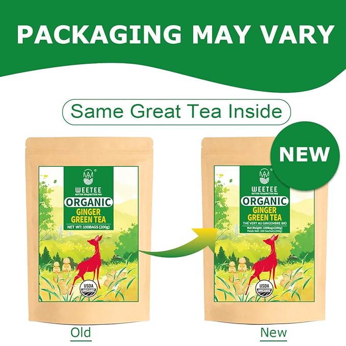 WT WEETEE Organic Ginger Green Tea Bags, Made of Green Tea with Ginger Roots, 100 Warm & Refreshing Low Caffeine Herbal Tea Bags
