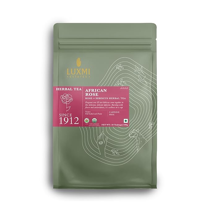 Luxmi Estates - African Rose - Organic Hibiscus Rose Tea - 50 Tea Bags | With Soothing Rose and Hibiscus | Great for Skin DeTox - Supports a Healthy Glow