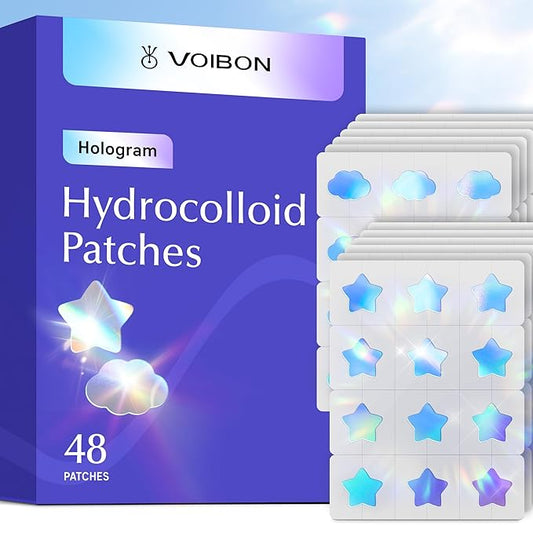 Hologram Pimple Patches for Face, Cute Hydrocolloid Acne Patches, Salicylic Acid & Tea Tree Colorful Star Spot Stickers,Zits & Blemish, Blue Cloud Zit Patches 12MM (48 Count)