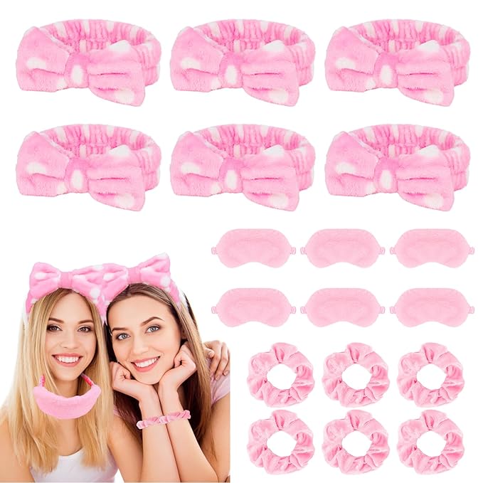 Casoty 18 Pcs Spa Headbands with Plush Sleep Eye Masks Set, Slumber Party Supplies for Women Girls, Skincare Headbands, Makeup Headband for Face Washing Shower Yoga Spa Pajama Party