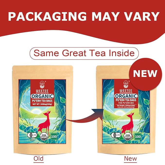 WT WEETEE Organic Puerh Tea Bags, Organic Ripe Pu'erh Tea 100 Count, Smooth, Subtly Sweet, Earthy Dark Tea Black Tea, Rich Antioxidants