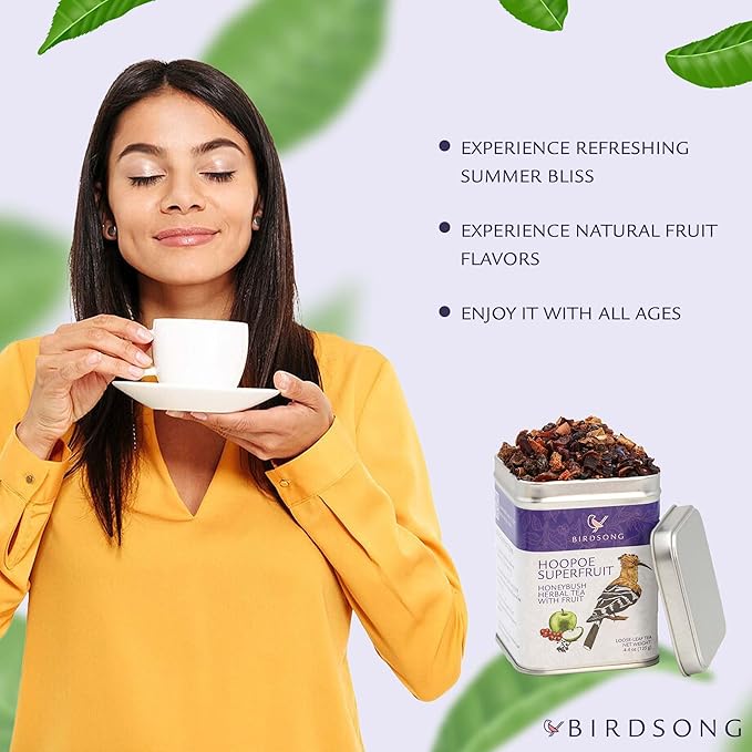 Birdsong Hoopoe Superfruit: Honeybush Herbal Tea, 100% Organic Caffeine Free Tea with Natural Sweet and Fruity Flavor, Honey bush Decaffeinated Loose Leaf for Men Women Children