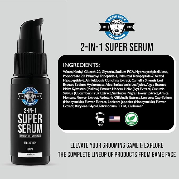 Game Face Grooming 2-in-1 Super Serum - After Shave Gel & Daily Moisturizer Skin Care For Men | Reduce Redness, Razor Burn, & Irritation | Hydrate Skin, Prevent Wrinkles