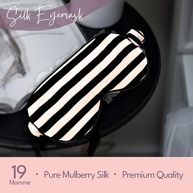 CELESTIAL SILK Mulberry Silk Sleep Eye Mask with Adjustable Elastic Strap (Adjustable, Black/White Stripe)
