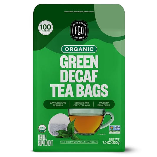 FGO Organic Green Decaf Tea, 100 Count, Eco-Conscious Tea Bags, Resealable Bag, Caffeine Free, Packaging May Vary (Pack of 1)