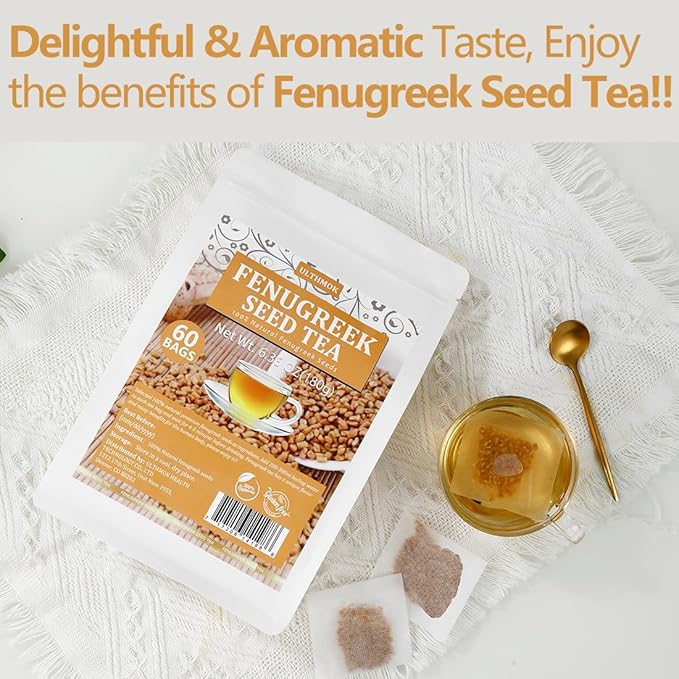 Premium 60 Fenugreek Tea Bags, Made with 100% Natural Fenugreek Methi Fenogreco Seeds, No Additives & Caffeine Free.