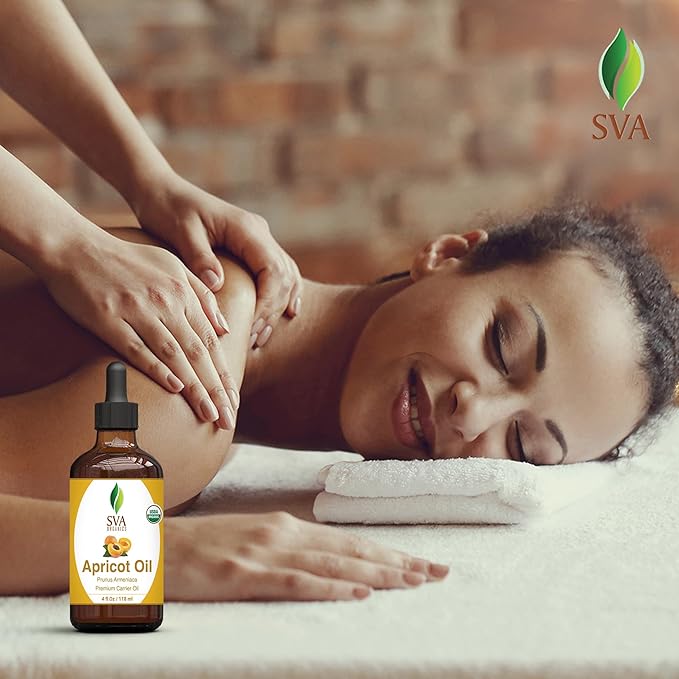 SVA Apricot Seed Oil Organic - 4 Fl Oz – 100% Natural Cold Pressed Organic Apricot Oil - for Face, Skin Care, Hair Care, Scalp Massage & Body Massage – Carrier Oil with Dropper