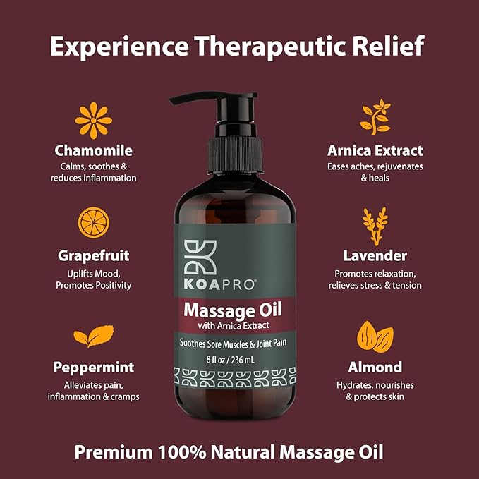KOAPro Massage Oil for Massage Therapy 2 Pack - Lavender Massaging Oil for Muscle Relaxing, Premium Arnica Massager Oil for Pain Relief, Natural Anti Cellulite Extract for All Skin Types 8 Fl Oz