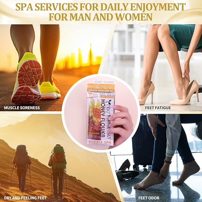 Pedicure Kit Foot Soak Set: Bubble Salt, Sugar Scrub, Massage Mask, Massage Lotion in a Box, 4 Step Foot Spa Kit for Dry Feet, Calluses and Tired Feet(1 Set Honey Flower)