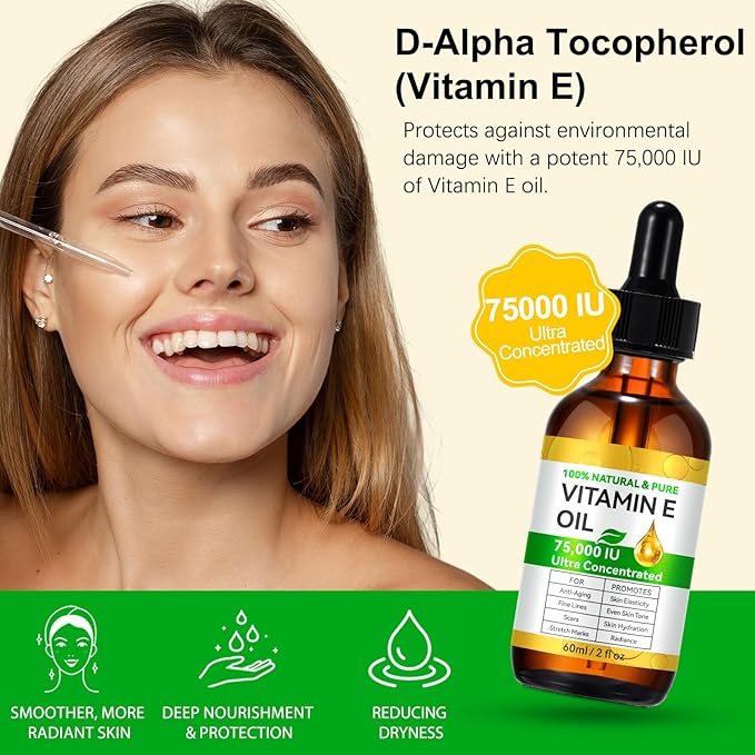 2 Fl Oz Vitamin E Oil Blend 75,000 IU, Vitamin E Oil for Skin, Scars, Face & Full Body, Moisturize Dry Skin and Radiant Skin, Body Bath Oils, Organic Pure Easy to Absorb