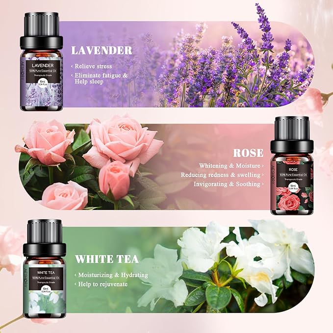 Floral Essential Oils Set - 6x10ML Fragrance Oil for Diffusers, Massage, Aromatherapy, Candle Making - Lavender, Rose, White Tea, Jasmine, Ylang-Ylang, Cherry Blossom Scented Oil