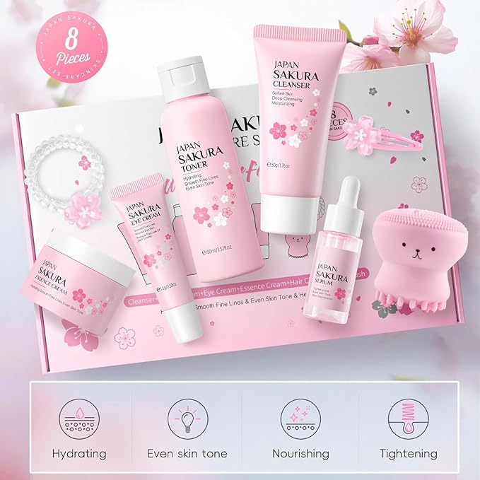 Skin Care Set for Women Girls, Cherry Blossoms Beauty Gift Sets for Intense Hydration, Face Skin Care Kit with Cleanser, Toner, Serum, Eye Cream, Face Cream - 8Pcs Skin Care Routine Kit