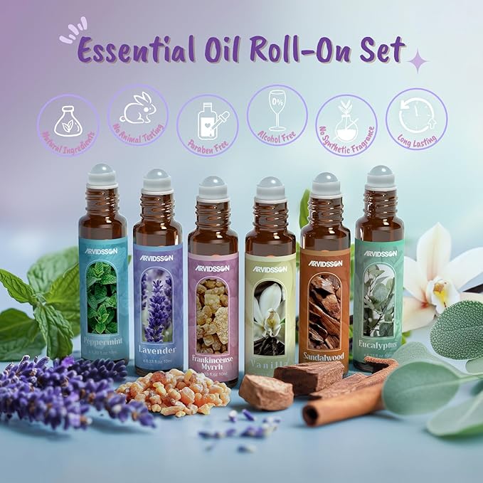 Essential Oils Roll On Gift Set, Natural Aromatherapy Oil Roller for Body, Skin, Massage - Lavender, Peppermint, Frankincense & Myrrh, Eucalyptus, Vanilla, Sandalwood, Gift for Women