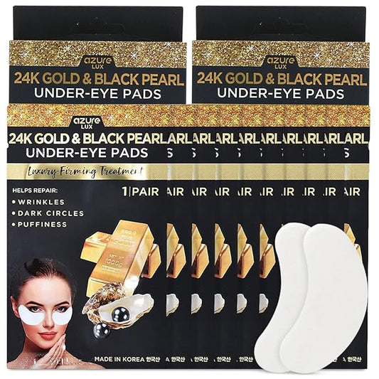 AZURE 24K Gold & Black Pearl Luxury Firming Under Eye Pads - Moisturizing & Restoring Eye Mask Patches - Reduces Fine Lines, Wrinkles, Dark Circles & Puffiness - Skin Care Made in Korea - 10 Pairs