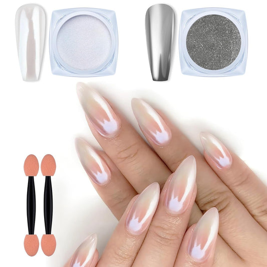 Artdone 2 Jars Chrome Nail Powder White Pearl and Silver Chrome,Iridescent Aurora Powder Metallic Mirror Effect Pigment Pearlescent Mermaid Pigment Glitter Dust Kit Acrylic Resin Craft