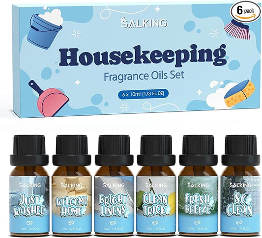 SALKING Housekeeping Fragrance Oils, Premium Essential Oil for Diffuser, Scented Oil Gift Set for Soap Candle Making - Just Washed, Welcome Home, Bright linens, Clean Trick, Clean Breeze, So Clean