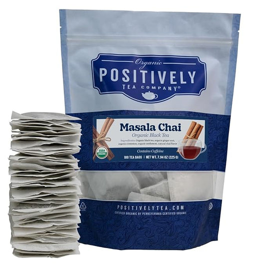 Organic Positively Tea Company, Masala Chai Black Tea Bags, 100 Count, Eco-Friendly Tea Bags, Non-GMO