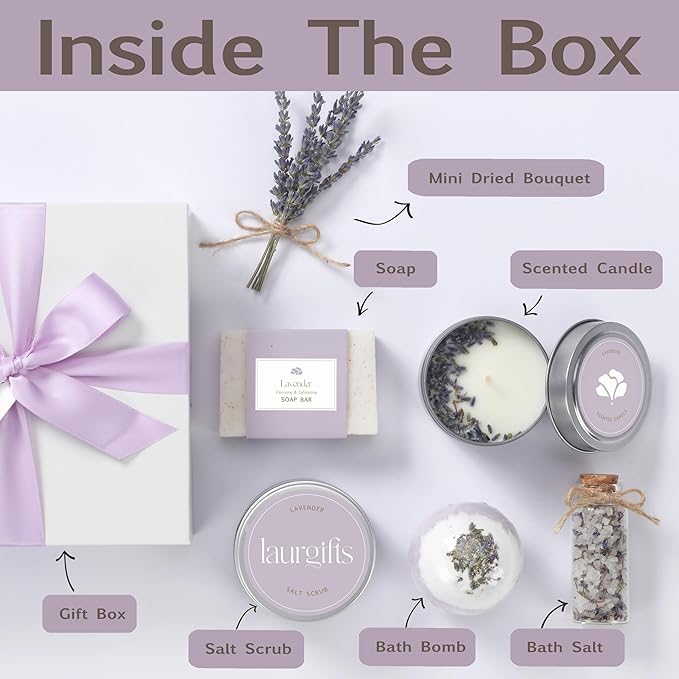Lavender Spa Gift Set for Moms & Teachers – Gift Basket for Her - Thoughtful Gifts for Mother’s Day - Teacher Appreciation Gifts - Spa-Inspired at Home - Self-Care Essentials