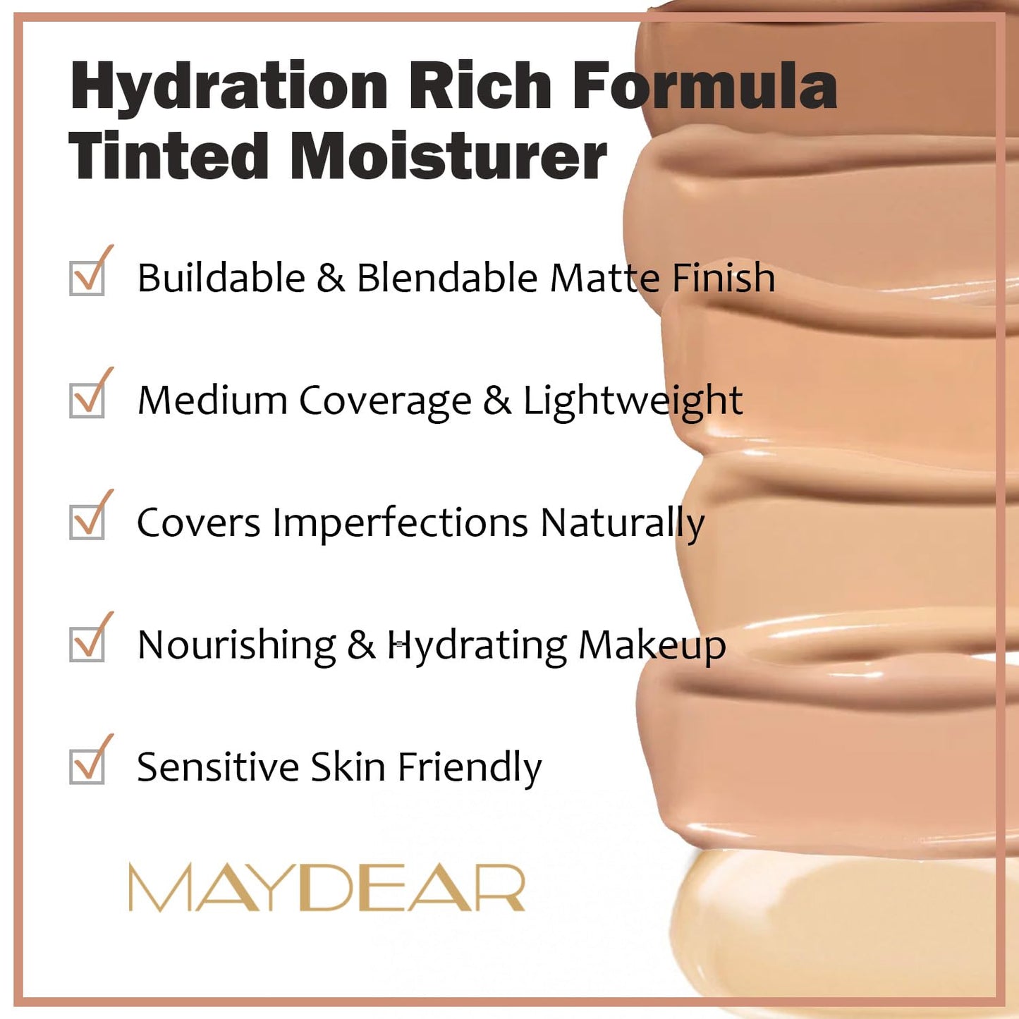 Maydear Tinted Moisturizer for Face, Matte Finish, Hydrating, Light Coverage Facial Makeup, Evens Skin Tone, Ultra-Lightweight, TM05 Toffee, 1.7 oz(50ml)