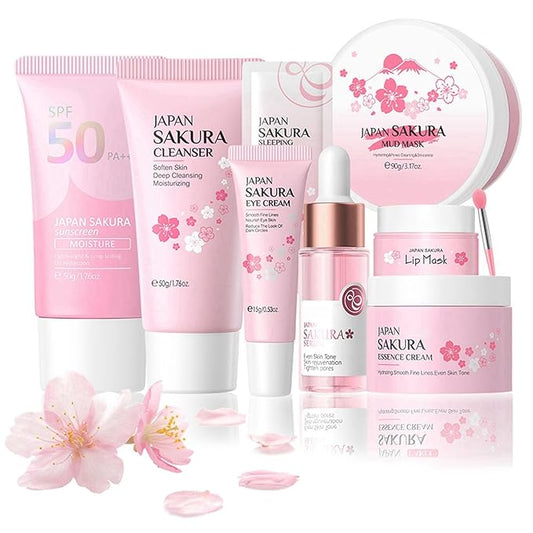 Sakura Skincare Set, Skin Care Set For Teen Girls, Skincare Gift Set Cherry Blossom Beauty Set, Deep Cleaning Skincare Facial Kit, Teen Skin Care Kit Birthday Gift - 8 Pack Travel Skincare