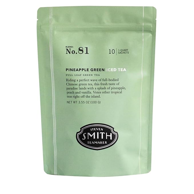 Smith Teamaker Pineapple Green Iced Tea No. 81, Refreshing, Caffeinated, Sustainably Grown, Full Leaf Green Iced Tea, 10 Count, 1 Quart Sachets