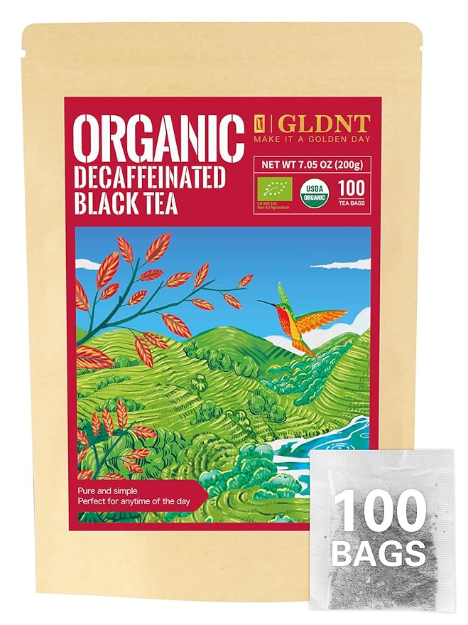 GLDNT Organic Decaf Black Tea Bags, Organic Black Tea Decaffeinated, Smooth Taste, Iced & Hot Tea, 100 Count