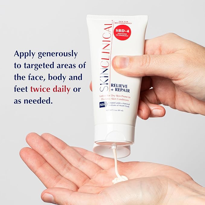 Relieve + Repair Body Moisturizing Lotion for Extremely Dry Skin, Hand and Face Lotion with Patented Ingredient SBD-4 for Acne Prone, Shin Spots, Blisters and Itchy Skin, Unscented 3oz