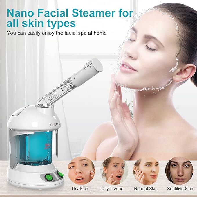 Facial Steamer - Ozone Steamer with 360° Rotatable Arm - 40 Min Steam Time - Humidifier - Unclogs Pores - Blackheads - Portable Facial Steamer for Personal Care Use at Home or Salon,White
