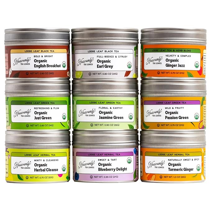 Heavenly Tea Leaves Organic Loose Leaf Tea Sampler Set (Approx. 90 Cups) - Assorted Black Tea, Green Tea, Herbal Tea - High to No Caffeine, Great Hot or Iced, Mother's Day Gifts for Mom
