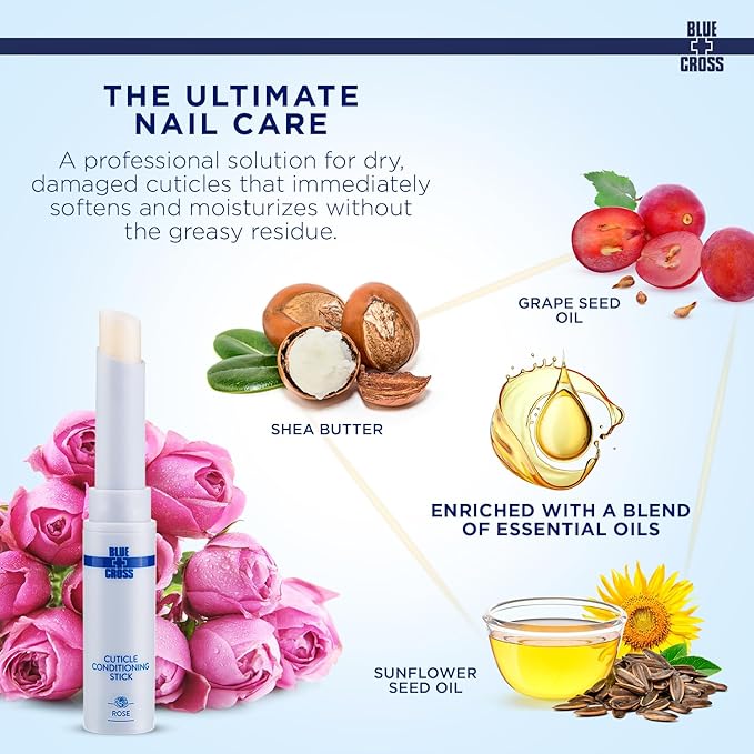 Blue Cross Professional Nail Care Nourishing Scented Cuticle Softener Oil Balm Conditioning Stick + Blossom Hydrating Moisturizing Scented Cuticle Oil, 2 Pack Rose Bundle