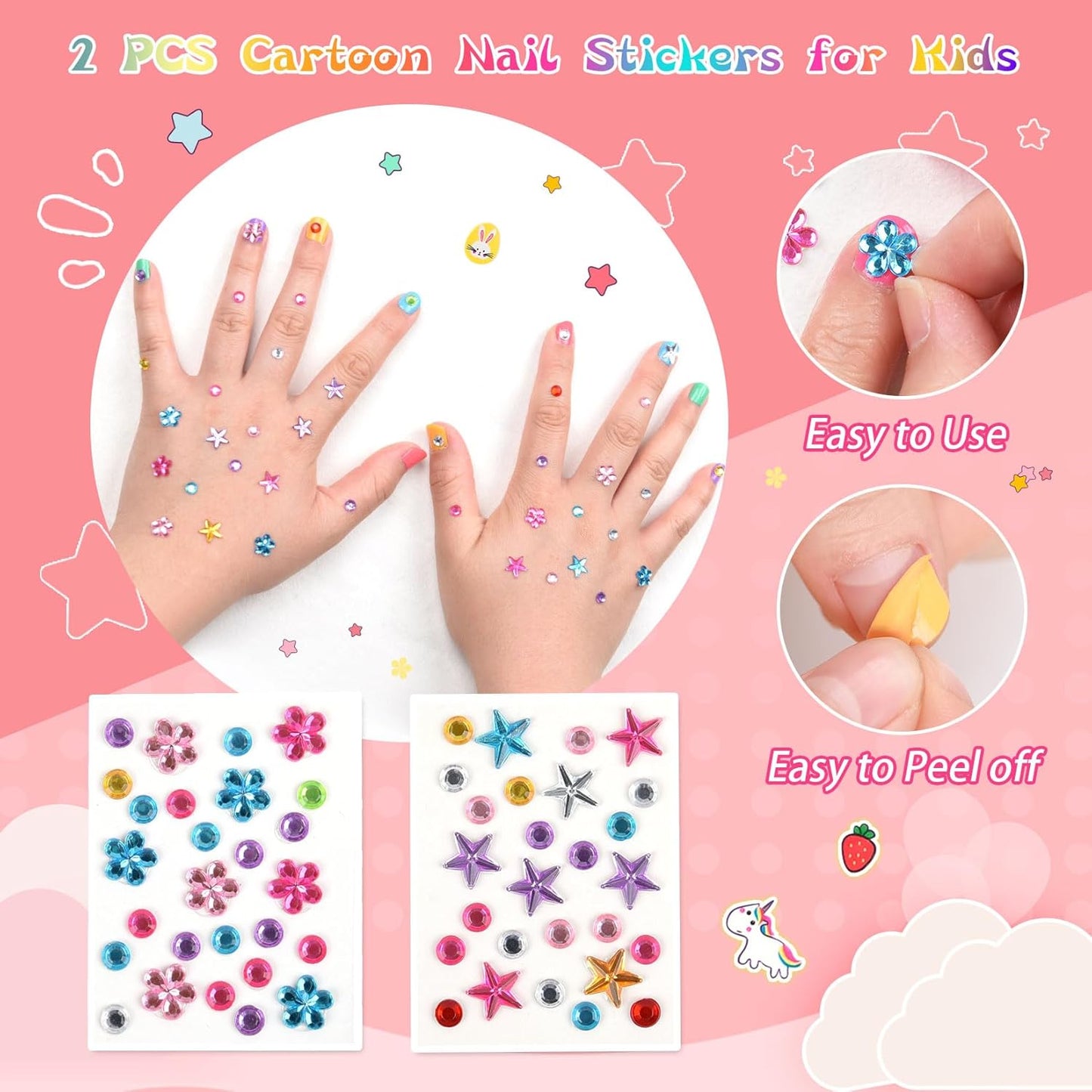 wakaniya Kids Non Toxic Nail Polish Set for Girls with Gems Nail Stickers, 7 Color Peel-Off Low Odor Nail Polish for Toddler