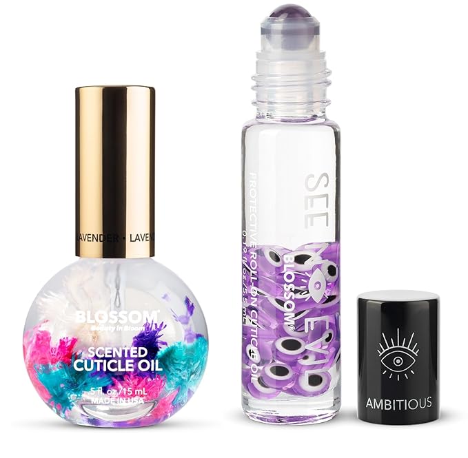 Blossom Hydrating, Moisturizing, Strengthening, Scented Cuticle Oil 0.5oz + See No Evil Rollerball Cuticle Oil 0.19oz, 2 Pack Bundle, Lavender