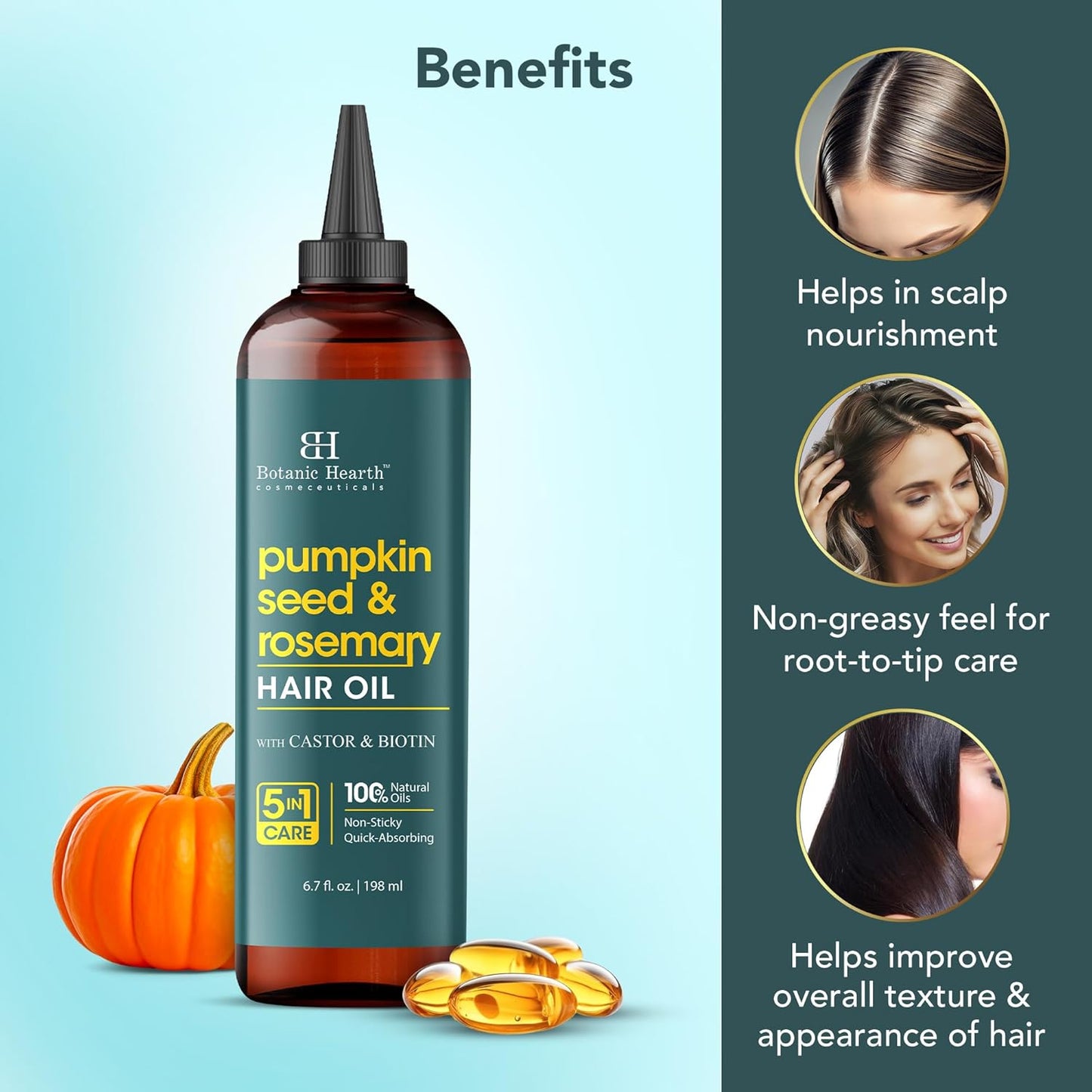 Botanic Hearth 100% Pure Pumpkin Seed Rosemary Oil For Hair Growth (6.7 fl oz)| Infused with Pumpkin, Rosemary, Castor | Hair Oil Repairs Dry Damaged Hair, Strengthening, Healthier Hair- Hair Tonic