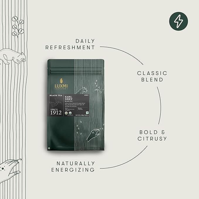 Luxmi Estates Garo Hills Organic Earl Grey Black Tea 250g Loose Leaf Pack | USDA Organic - Earl Grey Tea Bags | 100% Natural Bergamot Extracts | 125 Cups | Assam Black Tea | A Great Morning Cup as an Alternative to Coffee