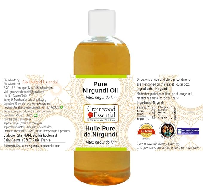 Pure Nirgundi oil (Vitex negundo linn) Natural Therapeutic Grade 200ml (6.76 oz)