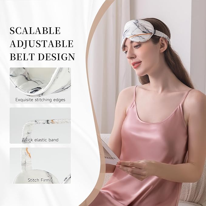 THXSILK Sleep Mask 100% 19 Momme Pure Mulberry Silk Super Smooth Cooling Decorative Sleep Eye Mask Blackout Eye Cover with Wide Head Strap, Marble-White