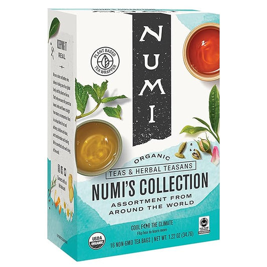Numi Organic Tea Numi's Collection Variety Pack, 16 Tea Bags, Black, Green, White, Pu-erh, Maté, & Herbal, Packaging May Vary