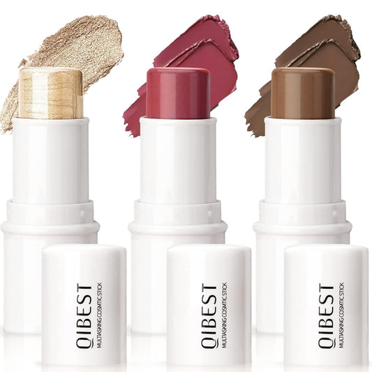 3 Colors Highlilghter Contour Blush Sticks Creamy Sticks for Cheeks, Eyes Cosmetics Stick Set, 3 in 1 Long Lasting Waterproof Moisturizer Makeup Sticks for All Skin