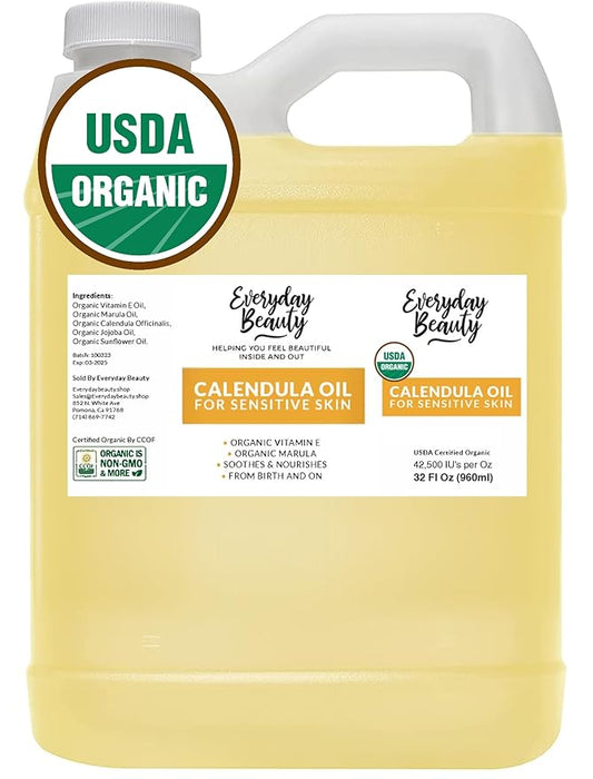 Organic Calendula Oil For Sensitive Skin -Bulk 32 Fl Oz- USDA Organic Certified 100% All Natural Plant Based, Lightweight & Unscented Gentle Soothing Oil For Sensitive Skin - For Face, Skin & All Over