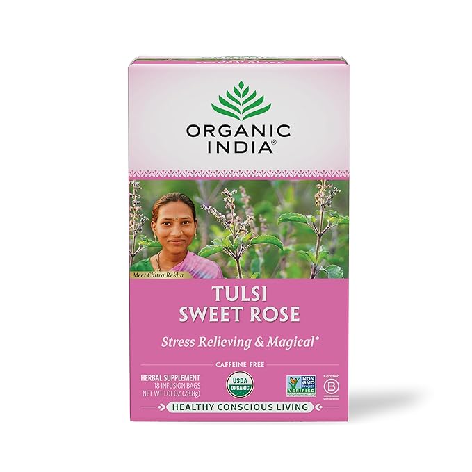 ORGANIC INDIA Tulsi Sweet Rose Herbal Tea - Holy Basil Leaf, African Basil, Chamomilie, Lemon Myrtle, Stress Relieving, Immune Support, USDA Certified Organic, Caffeine-Free - 18 Infusion Bags, 1 Pack